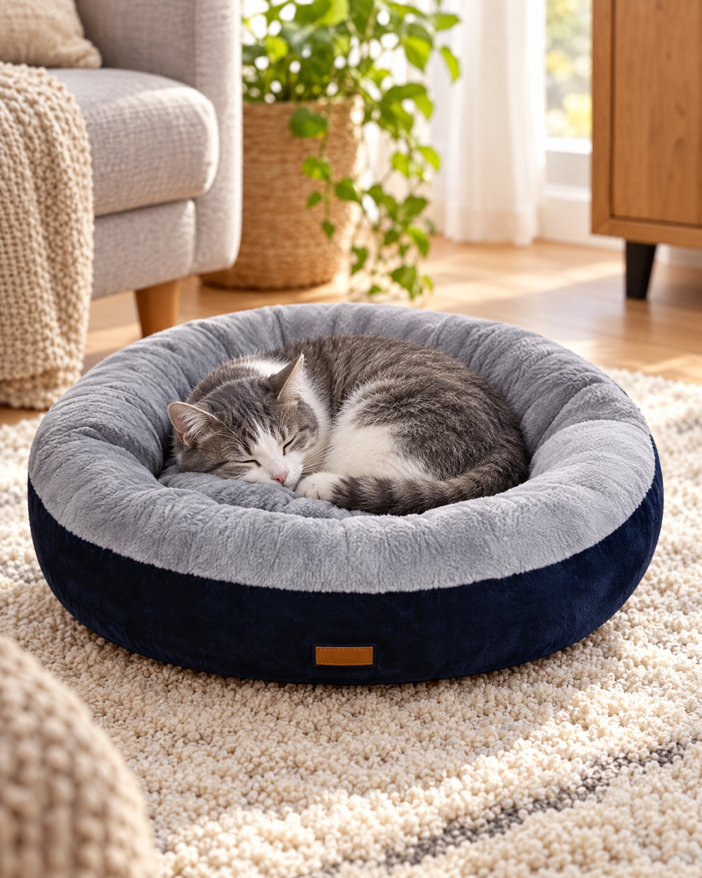 Comfort Donut blauw grijs met slapende kat (sfeerbeeld)