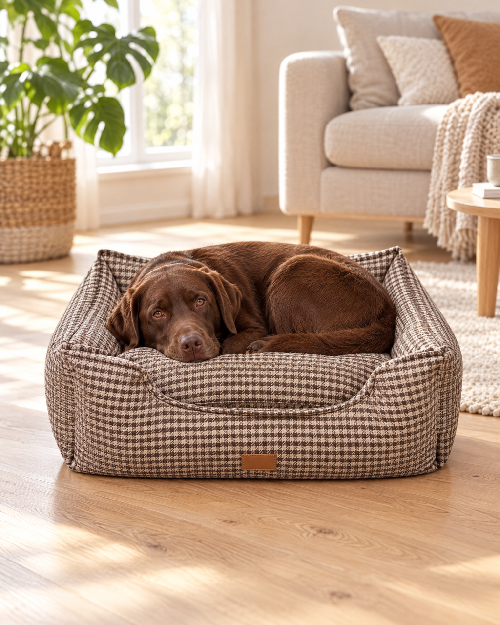 Hondenmand Lyon in de woonkamer met labrador (sfeerbeeld)