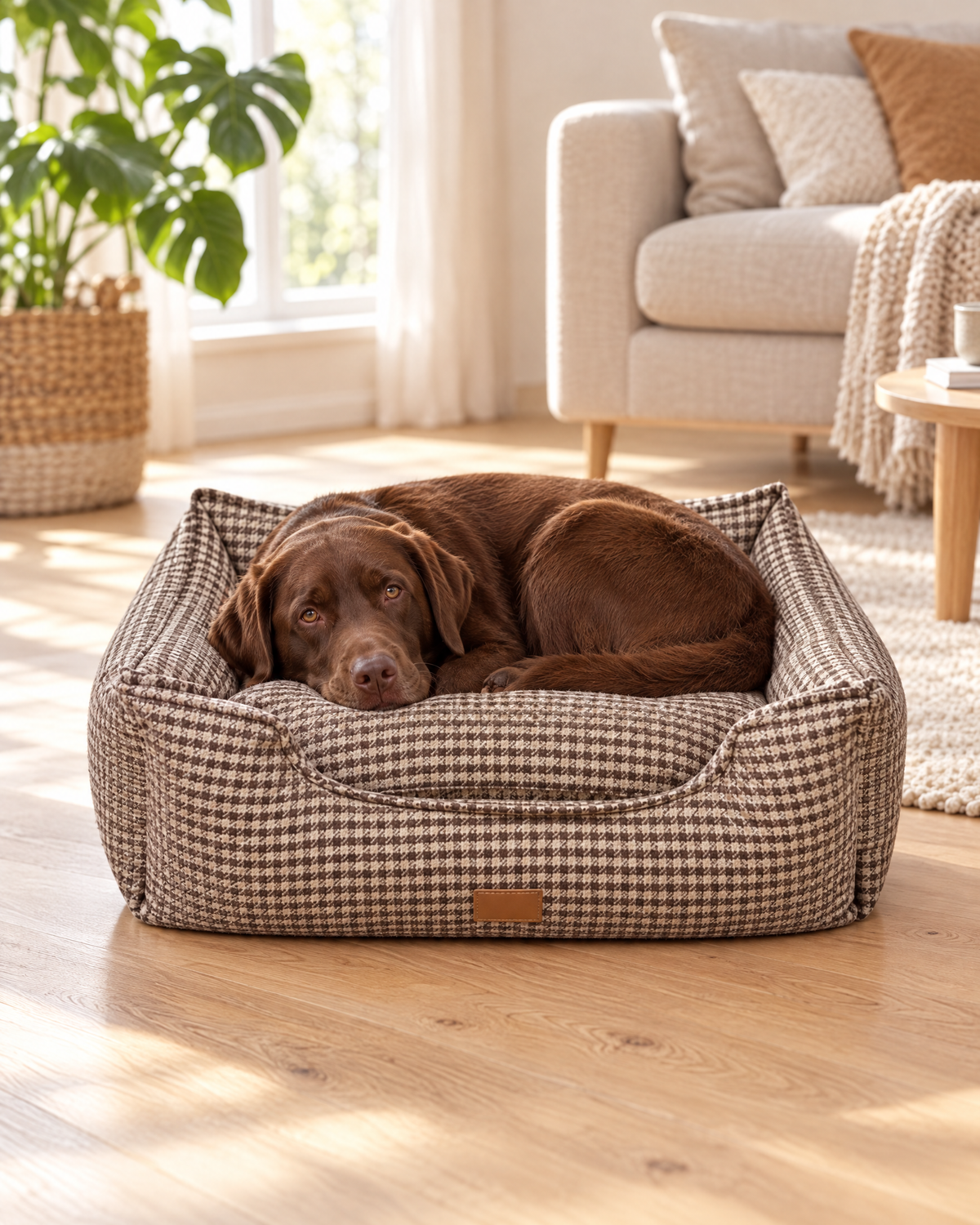Hondenmand Lyon in de woonkamer met labrador (sfeerbeeld)
