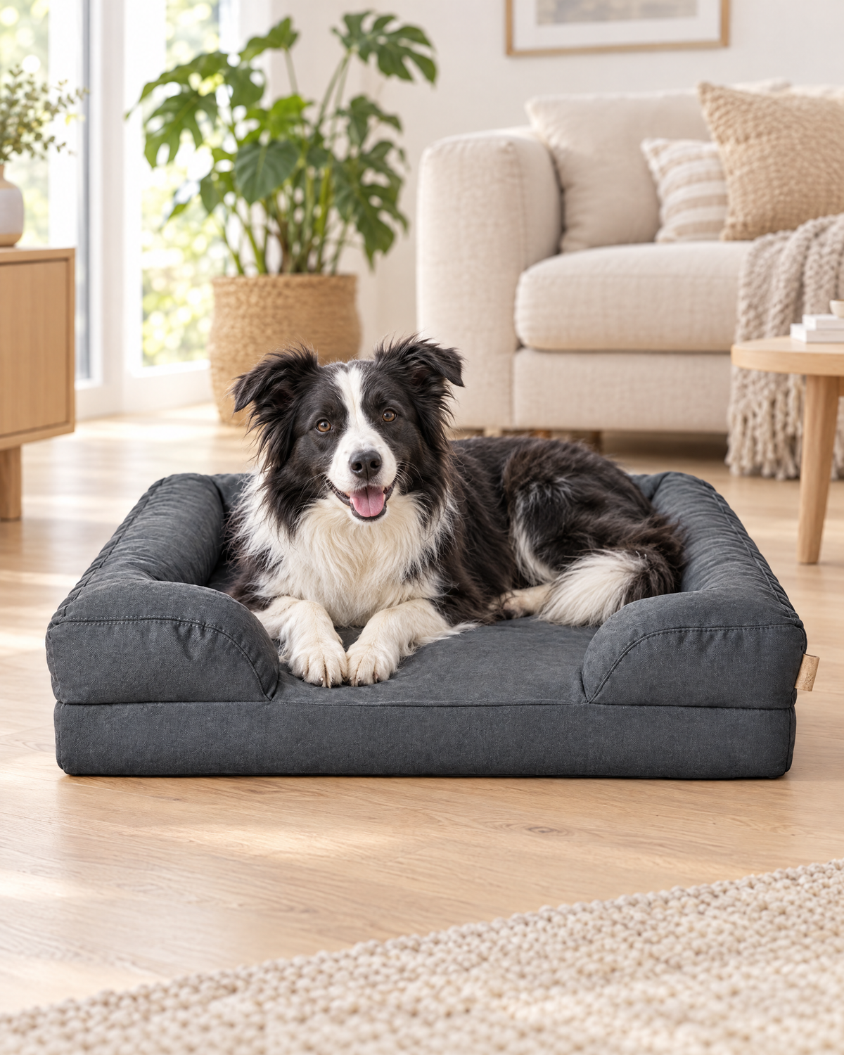 Waterproof hondenbed in de woonkamer met border collie (sfeerbeeld)