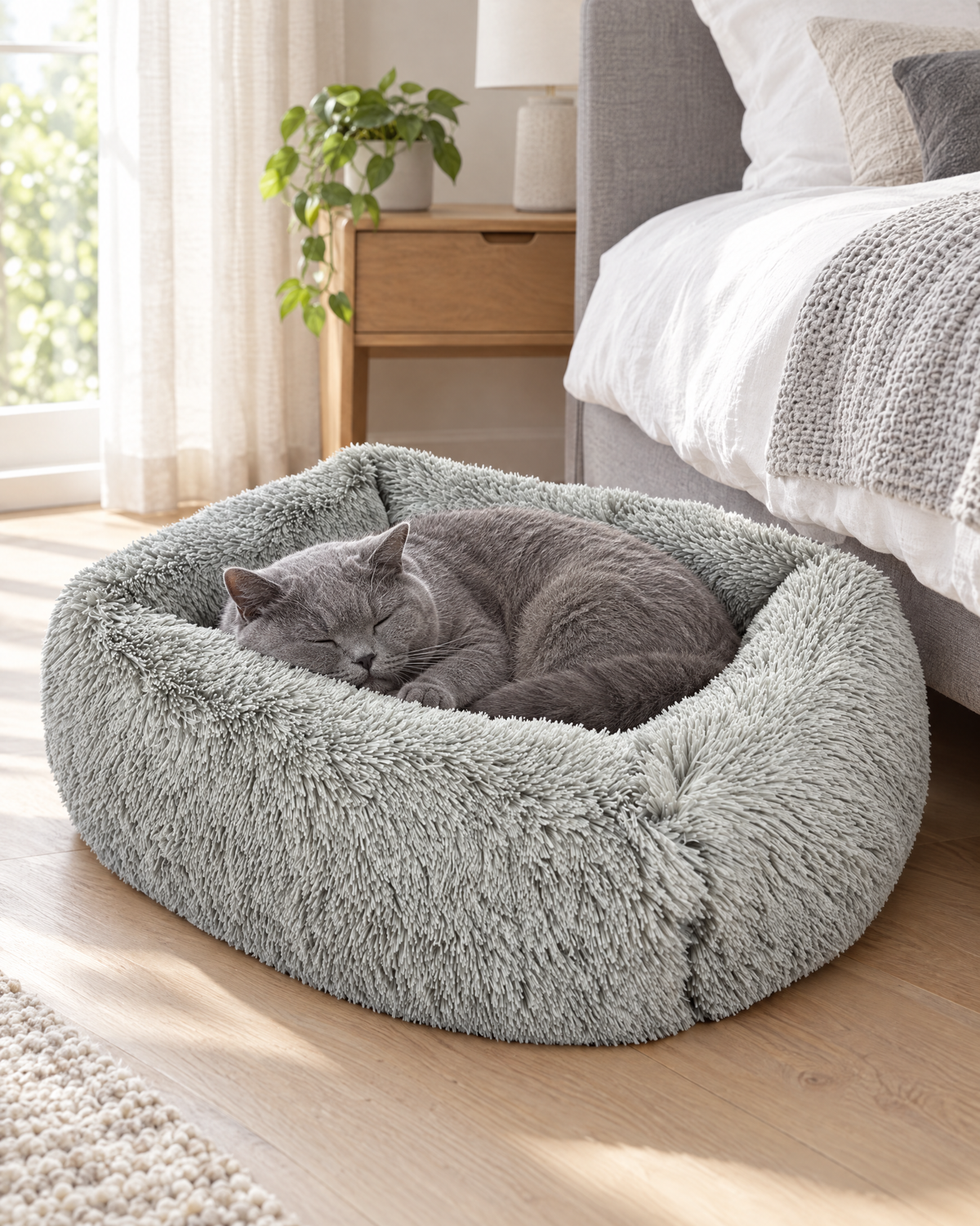 Fluffy Lounge hondenmand zilver met kat (sfeerbeeld)
