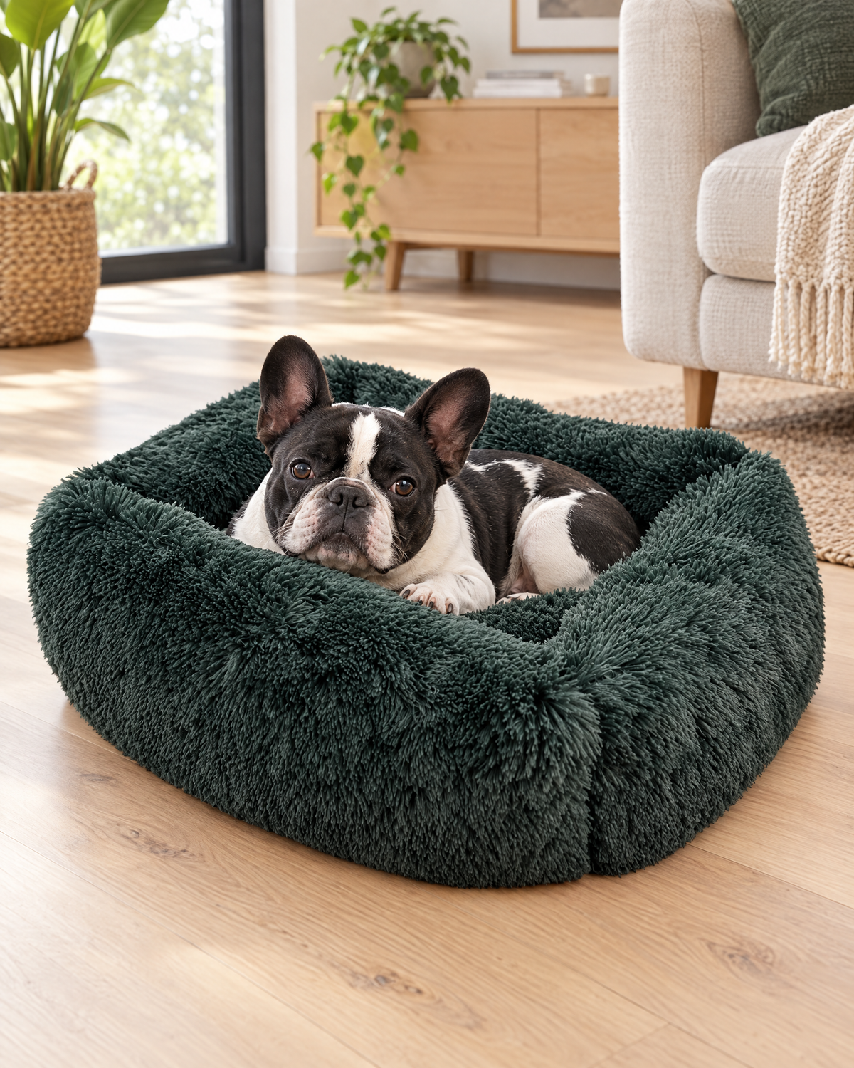 Fluffy Lounge dierenmand antraciet met Franse bulldog (sfeerbeeld)