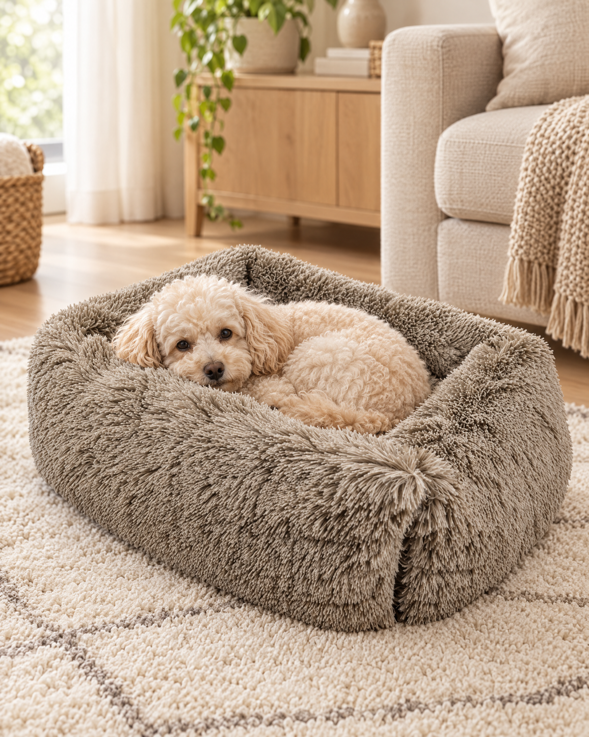 Fluffy Lounge dierenmand taupe met poedel (sfeerbeeld)