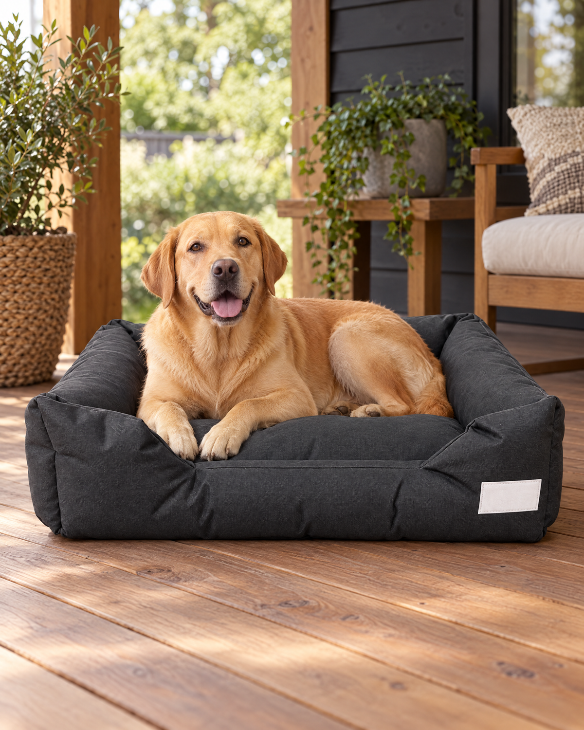 Comfortbay Outdoor hondenkussen met labrador op de veranda (sfeerbeeld)