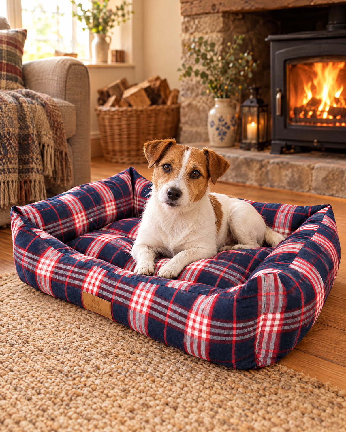 Dänish hondenmand tartan met Jack Russell (sfeerbeeld)