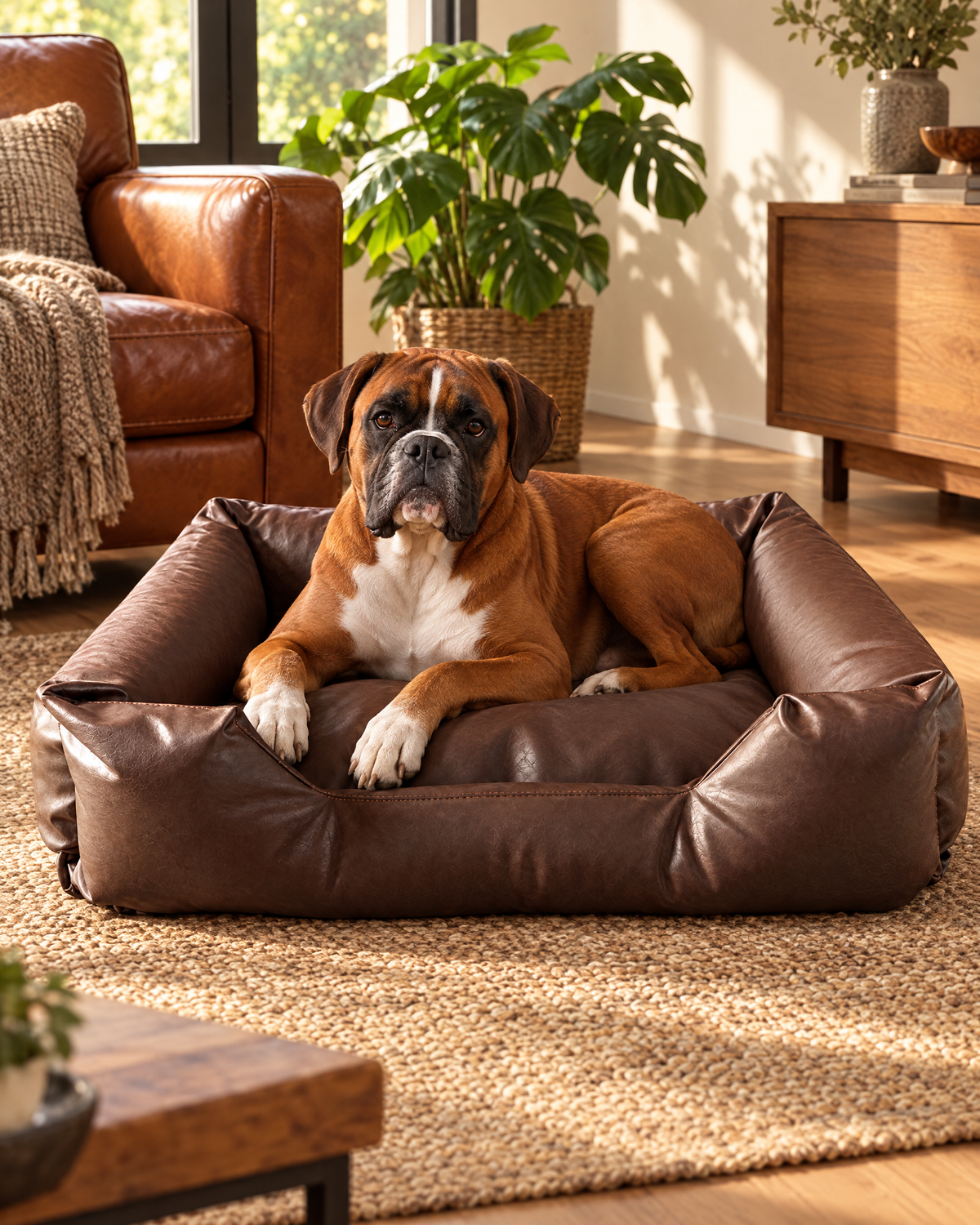 Hondensofa leatherlook bruin met boxer (sfeerbeeld)