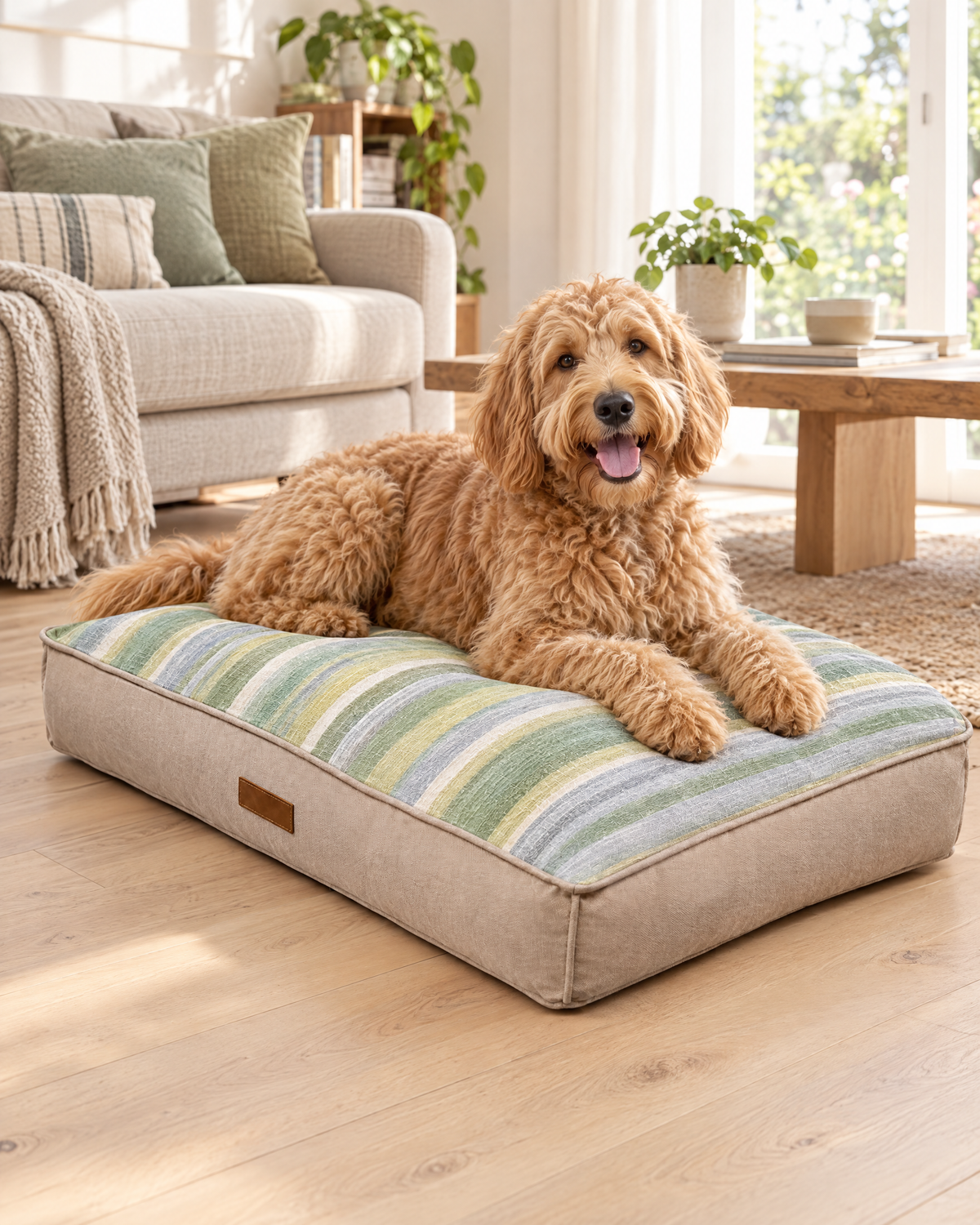 Hondenkussen Alva met labradoodle (sfeerbeeld)