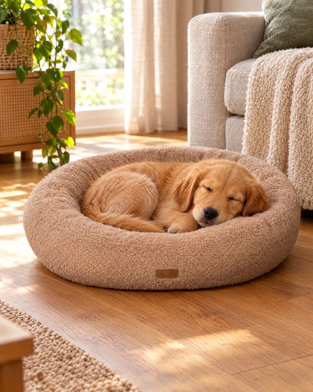 Hondenmand Teddy beige met golden retriever pup (sfeerbeeld)